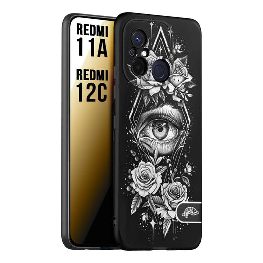 CUSTOMIZZA - Custodia cover nera morbida in tpu compatibile per Xiaomi Redmi 11A - 12C occhio fiori rombo geometrico black and white bianco a rilievo disegnato tattoo tatuaggio