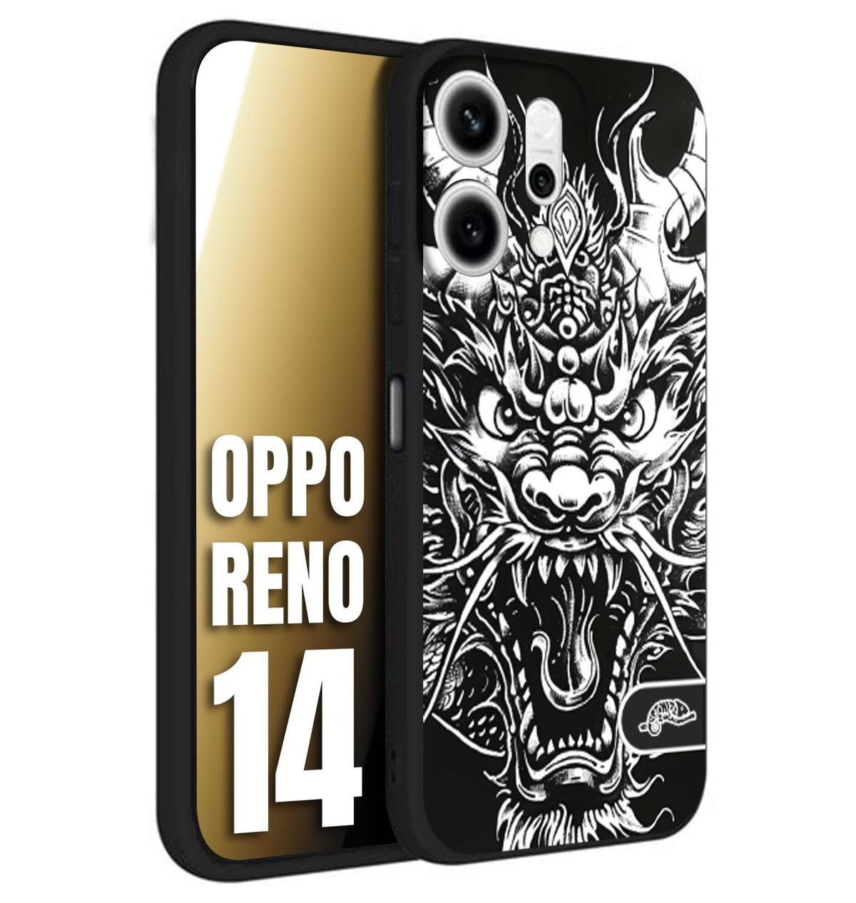 CUSTOMIZZA - Custodia cover nera morbida in tpu compatibile per Oppo Reno 14 drago black and white bianco a rilievo disegnato tattoo tatuaggio