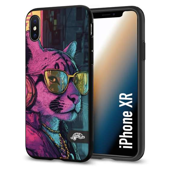 CUSTOMIZZA - Custodia cover nera morbida in tpu compatibile per iPhone Xr animali cyberpunk pantera street cat fucsia blu giallo