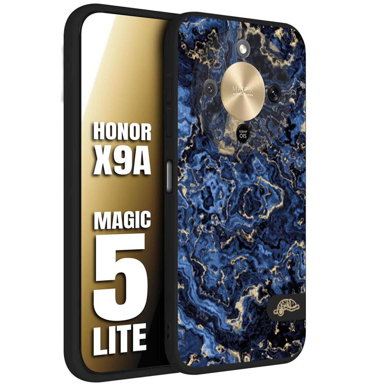 CUSTOMIZZA - Custodia cover nera morbida in tpu compatibile per Honor X9A - Honor Magic 5 Lite effetto marmo marble blu venature dorato psichedelico