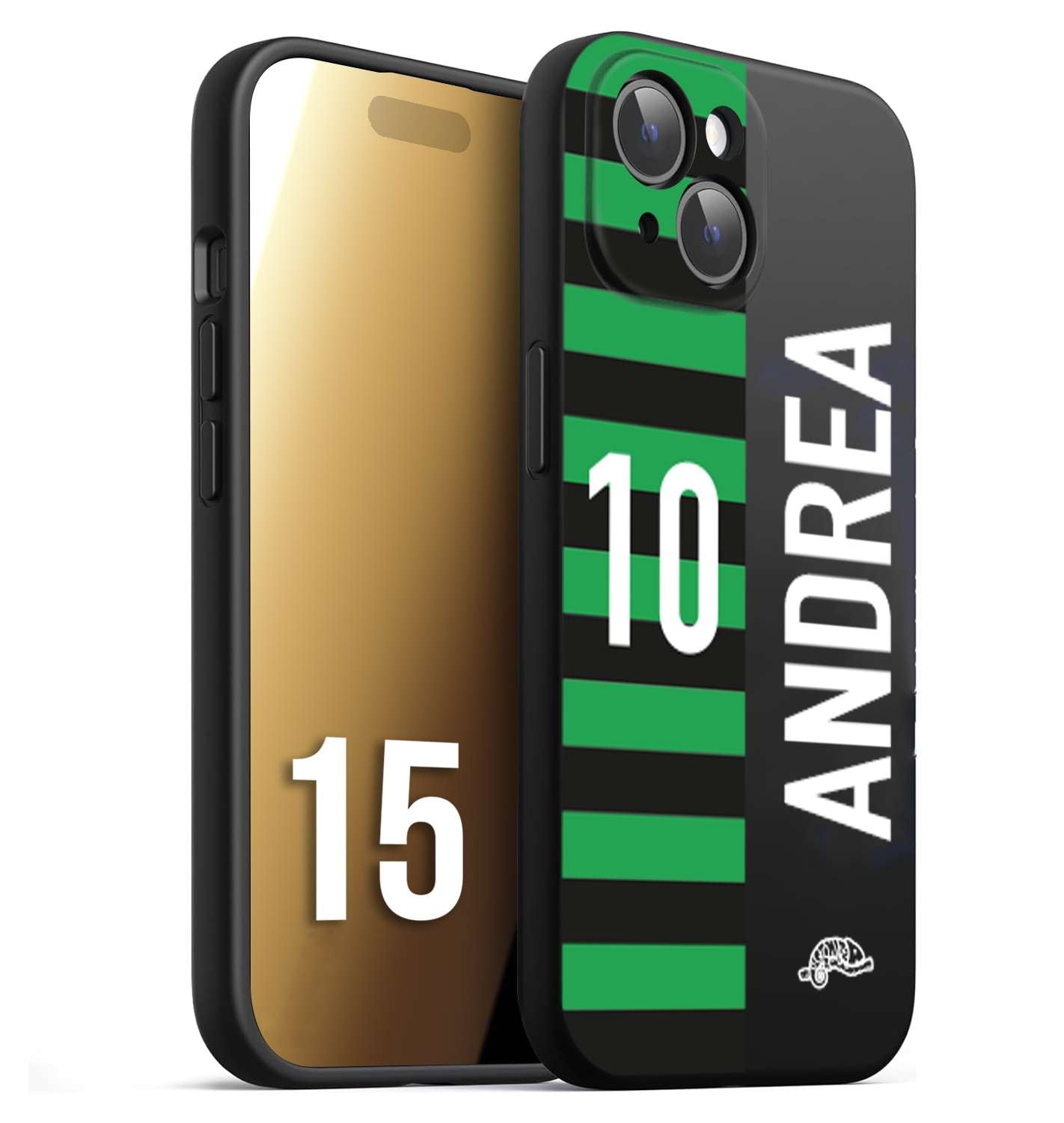 CUSTOMIZZA - Custodia cover nera morbida in tpu compatibile per iPhone 15 personalizzata calcio football nome e numero calciatori neroverde