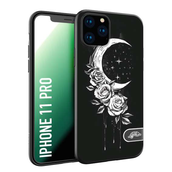 CUSTOMIZZA - Custodia cover nera morbida in tpu compatibile per iPhone 11 PRO luna e fiori moon flowers black and white bianco a rilievo disegnato tattoo tatuaggio