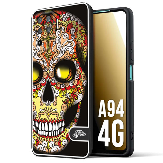 CUSTOMIZZA - Custodia cover nera morbida in tpu compatibile per Oppo A94 4G teschio messicano Mexican skull giallo rosso arancio