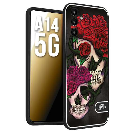 CUSTOMIZZA - Custodia cover nera morbida in tpu compatibile per Samsung A14 5G teschi e rose rosse fucsia skull and roses