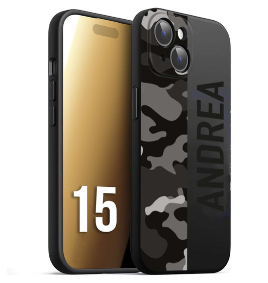 CUSTOMIZZA - Custodia cover nera morbida in tpu compatibile per iPhone 15 camouflage mimetico militare personalizzata nome