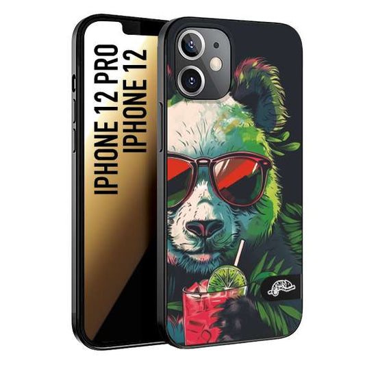 CUSTOMIZZA - Custodia cover nera morbida in tpu compatibile per iPhone 12 - 12 PRO estate disegnata cocktails animali simpatici panda mojito