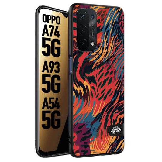 CUSTOMIZZA - Custodia cover nera morbida in tpu compatibile per Oppo A74 5G - A93 5G - A54 5G leopardato maculato tigrato colorata fiamme rossa blu arancione
