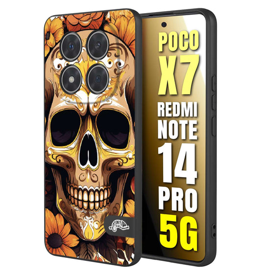 CUSTOMIZZA - Custodia cover nera morbida in tpu compatibile per Xiaomi Redmi Note 14 PRO 5G teschio messicano colorato dorato fiori tattoo disegnato
