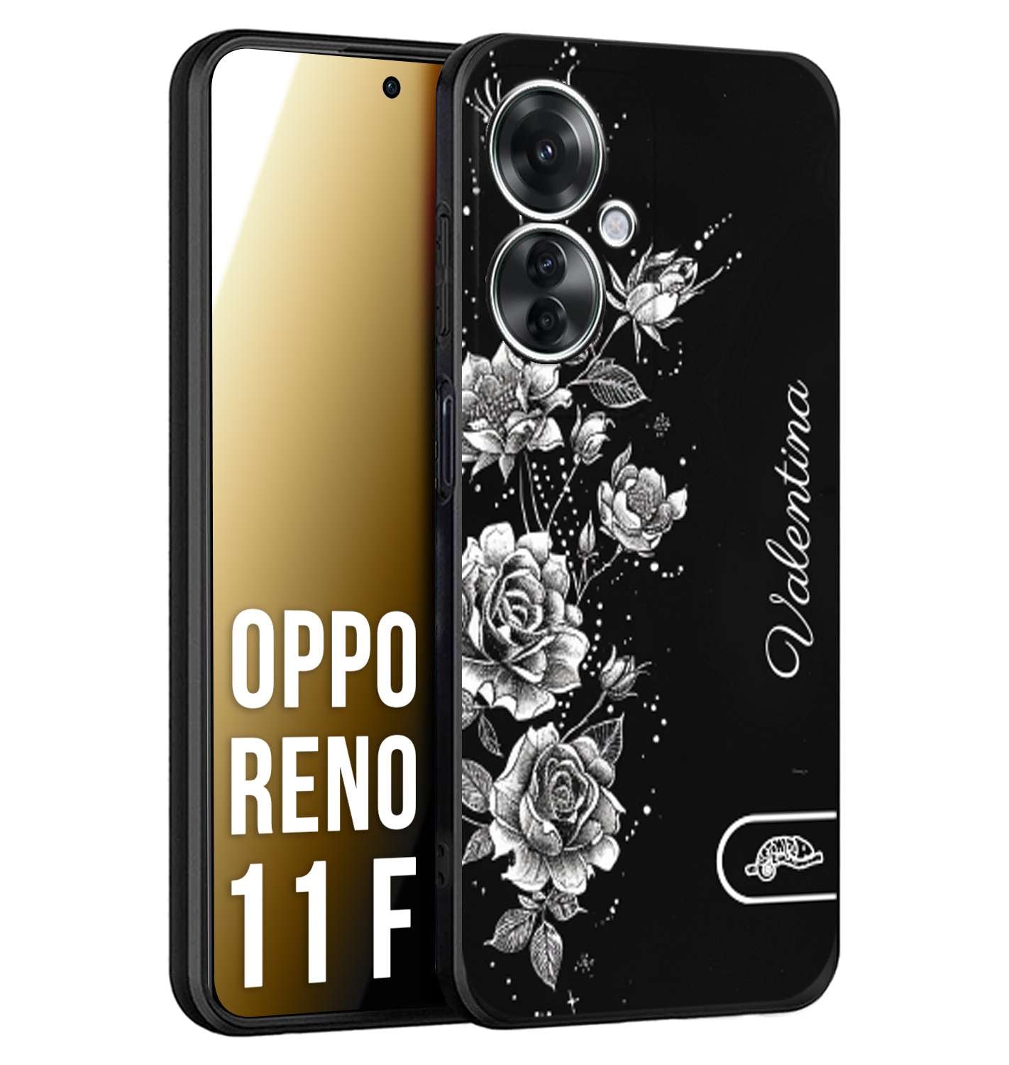 CUSTOMIZZA - Custodia cover nera morbida in tpu compatibile per Oppo Reno 11 F 5G a rilievo soft touch personalizzata nome rose fiori donna