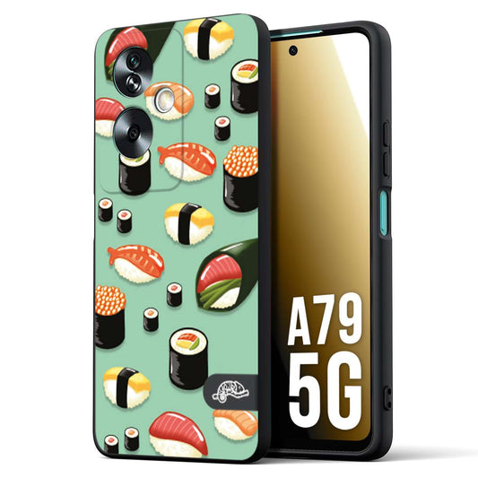 CUSTOMIZZA - Custodia cover nera morbida in tpu compatibile per Oppo A79 5G sushi disegni giapponese nighiri acquamarina verde