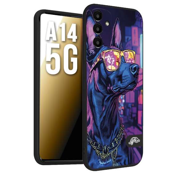 CUSTOMIZZA - Custodia cover nera morbida in tpu compatibile per Samsung A14 5G animali cyberpunk dobermann cane street dog fucsia blu night