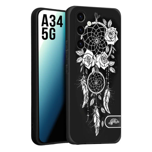 CUSTOMIZZA - Custodia cover nera morbida in tpu compatibile per Samsung A34 5G acchiappasogni dreamcatcher black and white bianco a rilievo disegnato tattoo tatuaggio