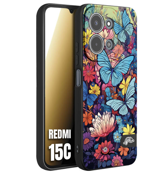 CUSTOMIZZA - Custodia cover nera morbida in tpu compatibile per Xiaomi Redmi 15C farfalle butterfly moderno donna disegnate gialla blu rosa