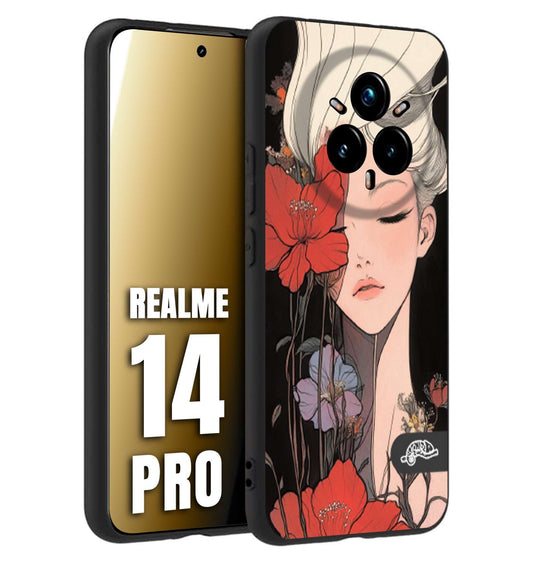 CUSTOMIZZA - Custodia cover nera morbida in tpu compatibile per Realme 14 PRO woman flower Fantasia Floreale Design Donna e Fiori, Retro Artistico