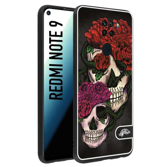 CUSTOMIZZA - Custodia cover nera morbida in tpu compatibile per Xiaomi Redmi Note 9 teschi e rose rosse fucsia skull and roses