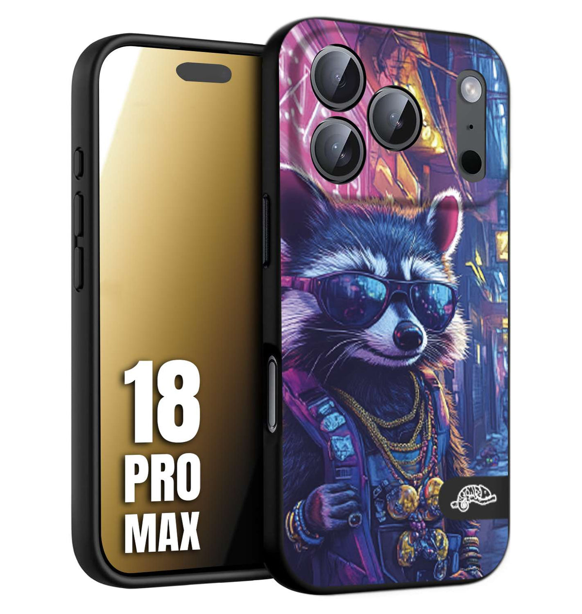 CUSTOMIZZA - Custodia cover nera morbida in tpu compatibile per iPhone 18 PRO MAX animali simpatici cyberpunk procione racoon street cat fucsia blu giallo