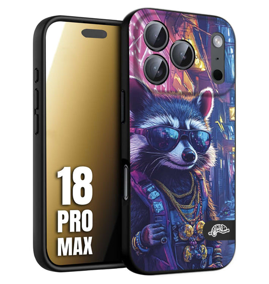 CUSTOMIZZA - Custodia cover nera morbida in tpu compatibile per iPhone 18 PRO MAX animali simpatici cyberpunk procione racoon street cat fucsia blu giallo