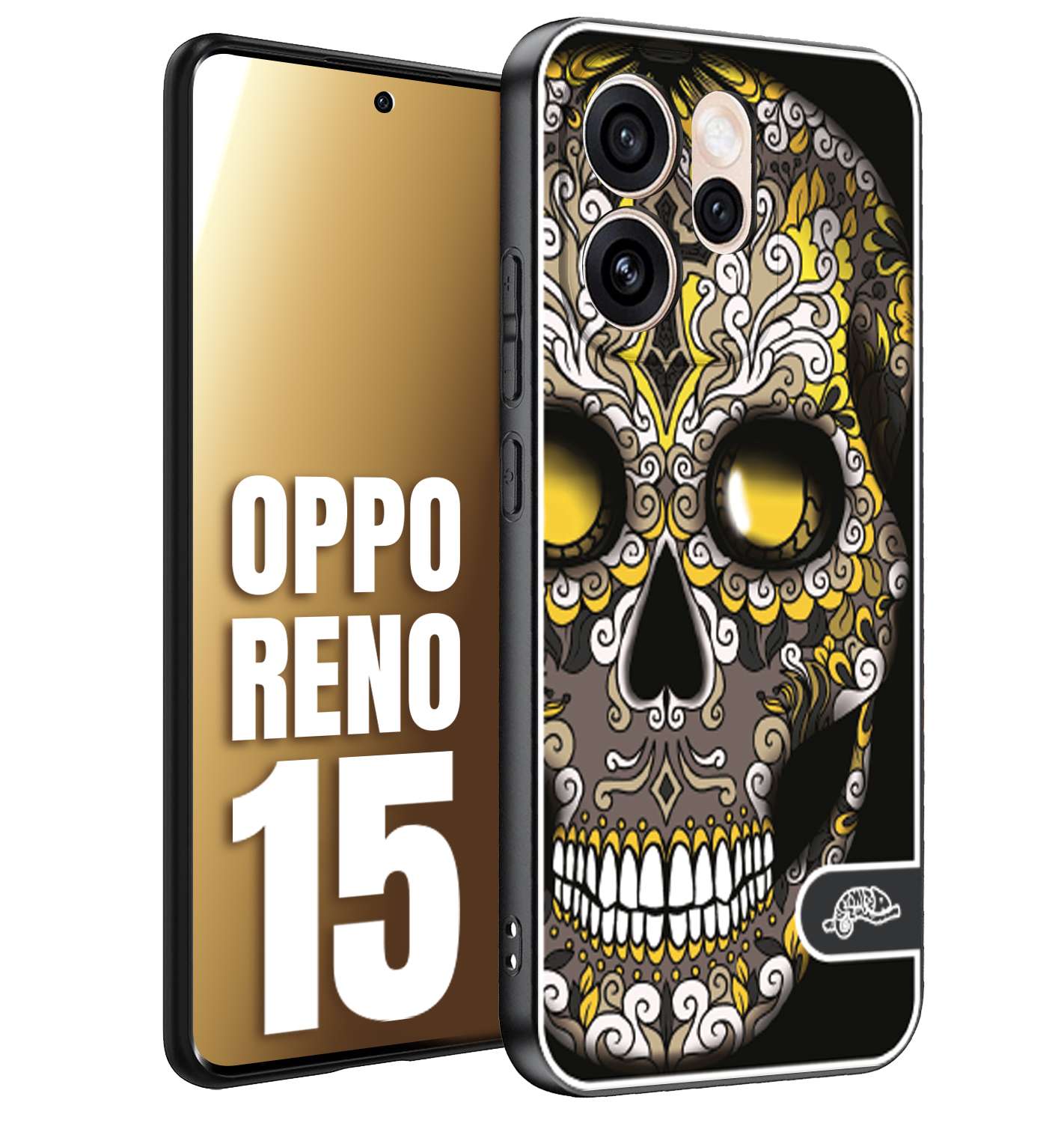 CUSTOMIZZA - Custodia cover nera morbida in tpu compatibile per Oppo Reno 15 teschio messicano Mexican skull nero giallo