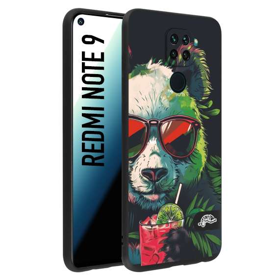 CUSTOMIZZA - Custodia cover nera morbida in tpu compatibile per Xiaomi Redmi Note 9 estate disegnata cocktails animali simpatici panda mojito