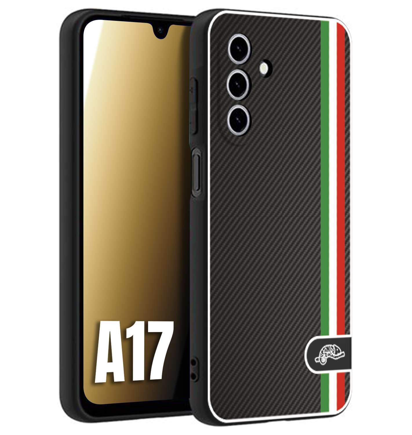 CUSTOMIZZA - Custodia cover nera morbida in tpu compatibile per Samsung A17 effetto fibra di carbonio bandiera Italia made in Italy