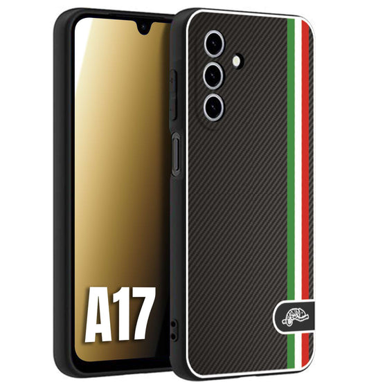 CUSTOMIZZA - Custodia cover nera morbida in tpu compatibile per Samsung A17 effetto fibra di carbonio bandiera Italia made in Italy