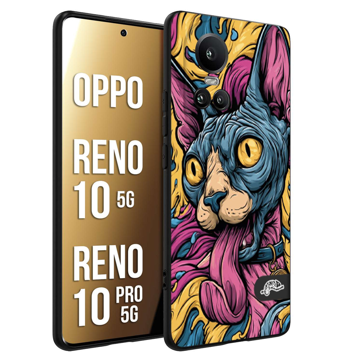 CUSTOMIZZA - Custodia cover nera morbida in tpu compatibile per Oppo Reno 10 5G - 10 PRO 5G Sphynx Colorato Pop Art Psichedelico Gatto Blu Rosa Giallo Artistica Fantasy