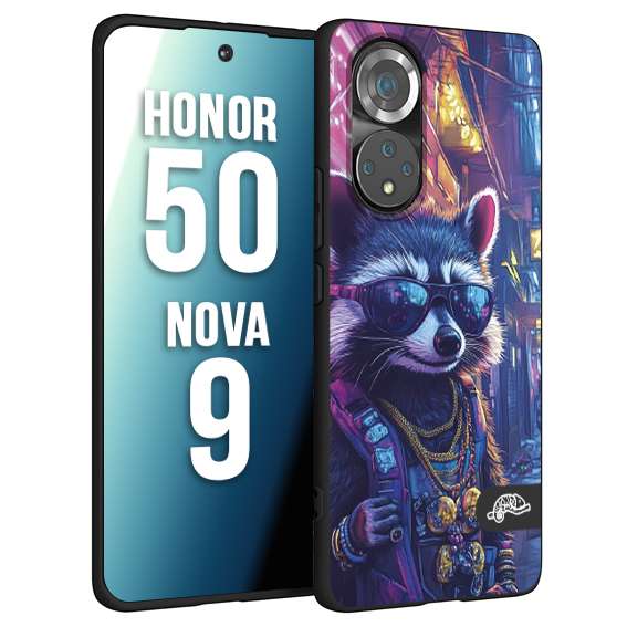 CUSTOMIZZA - Custodia cover nera morbida in tpu compatibile per Huawei Nova 9 - Honor 50 animali simpatici cyberpunk procione racoon street cat fucsia blu giallo
