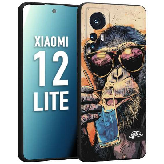 CUSTOMIZZA - Custodia cover nera morbida in tpu compatibile per Xiaomi 12 LITE estate disegnata cocktails animali simpatici scimmia monkey negroni