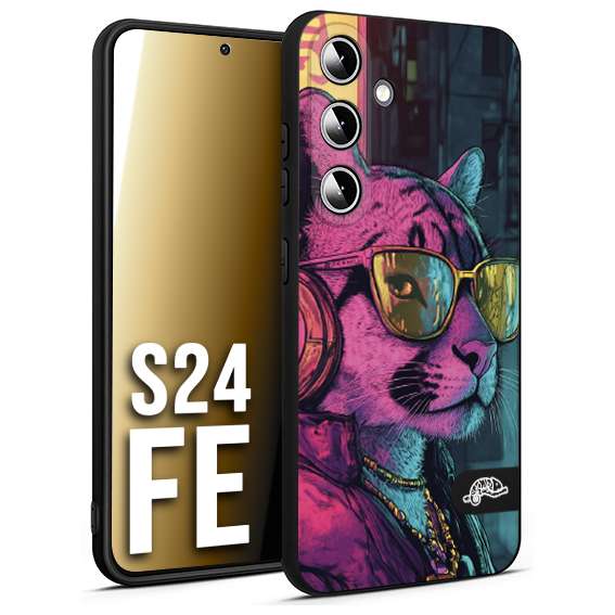 CUSTOMIZZA - Custodia cover nera morbida in tpu compatibile per Samsung S24 FE animali cyberpunk pantera street cat fucsia blu giallo