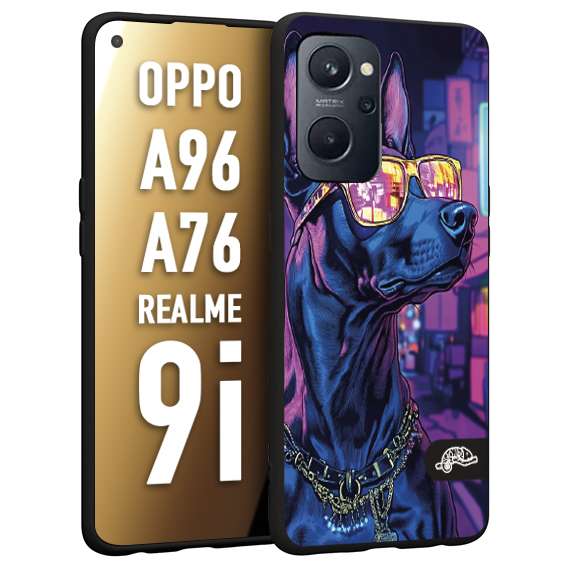 CUSTOMIZZA - Custodia cover nera morbida in tpu compatibile per Realme 9i - A96 - A76 animali cyberpunk dobermann cane street dog fucsia blu night