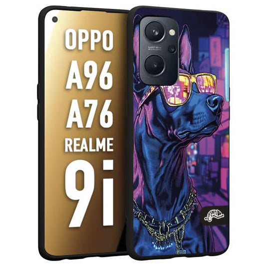 CUSTOMIZZA - Custodia cover nera morbida in tpu compatibile per Realme 9i - A96 - A76 animali cyberpunk dobermann cane street dog fucsia blu night