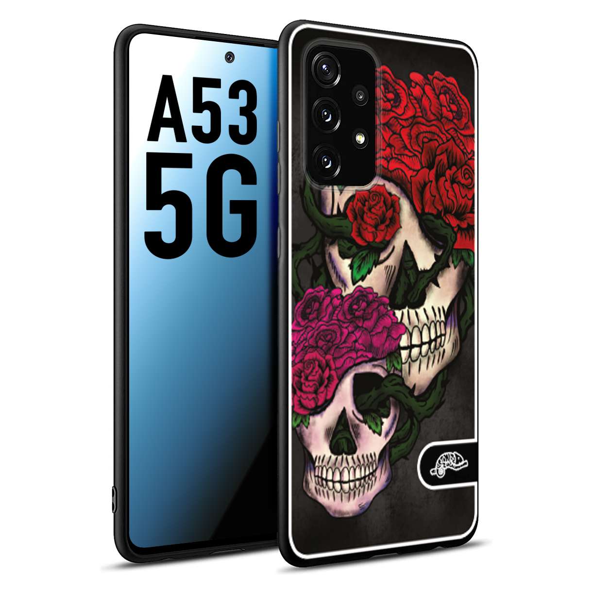 CUSTOMIZZA - Custodia cover nera morbida in tpu compatibile per Samsung A53 5G teschi e rose rosse fucsia skull and roses