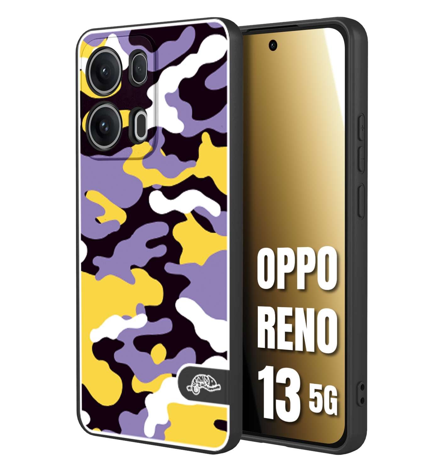 CUSTOMIZZA - Custodia cover nera morbida in tpu compatibile per Oppo Reno 13 5G camouflage mimetico militare viola lilla giallo
