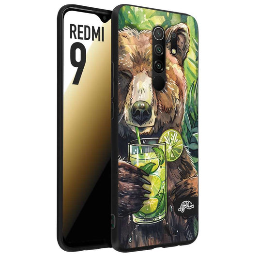 CUSTOMIZZA - Custodia cover nera morbida in tpu compatibile per Xiaomi Redmi 9 estate disegnata cocktails animali simpatici orso bear negroni