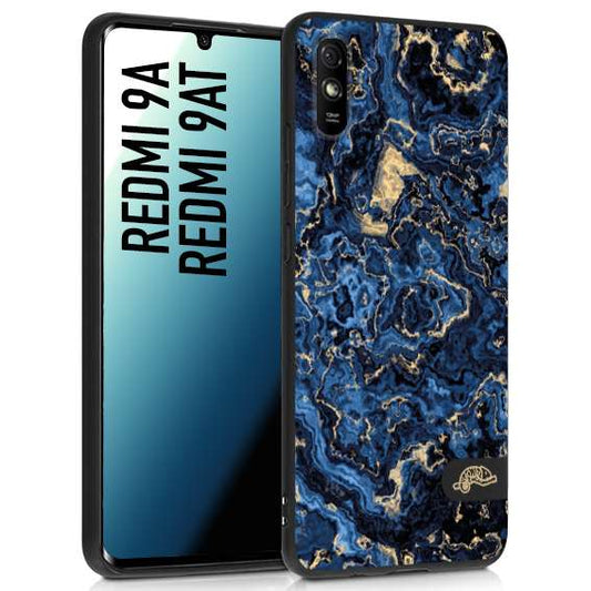 CUSTOMIZZA - Custodia cover nera morbida in tpu compatibile per Xiaomi Redmi 9A - 9AT effetto marmo marble blu venature dorato psichedelico