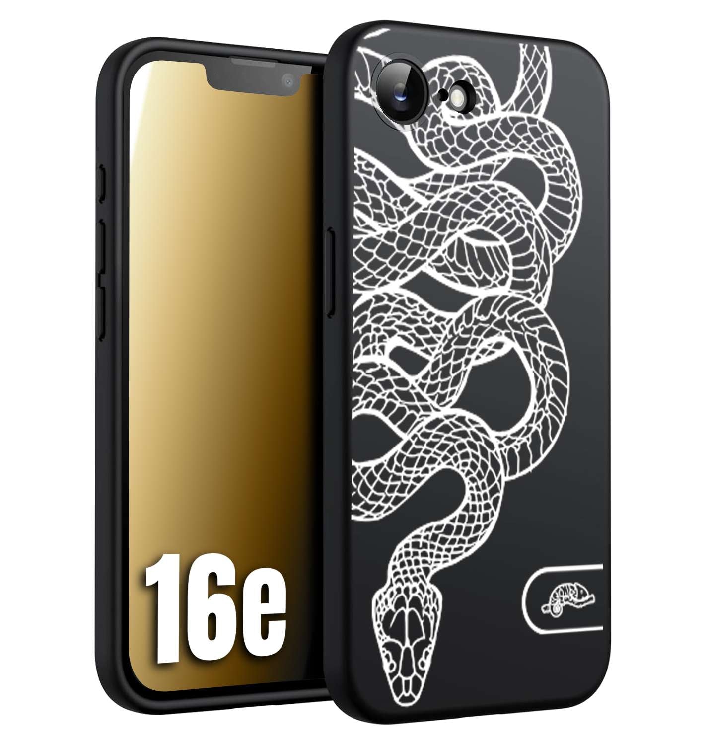 CUSTOMIZZA - Custodia cover nera morbida in tpu compatibile per iPhone 16E serpente snake bianco a rilievo disegnato tattoo tatuaggio
