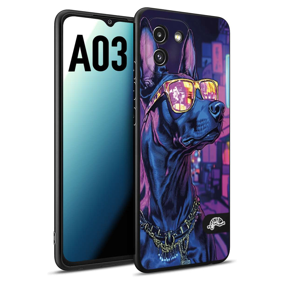 CUSTOMIZZA - Custodia cover nera morbida in tpu compatibile per Samsung A03 animali cyberpunk dobermann cane street dog fucsia blu night