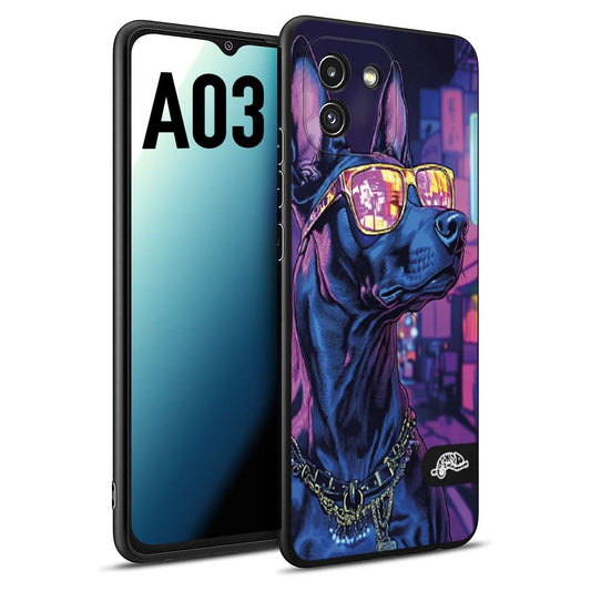 CUSTOMIZZA - Custodia cover nera morbida in tpu compatibile per Samsung A03 animali cyberpunk dobermann cane street dog fucsia blu night