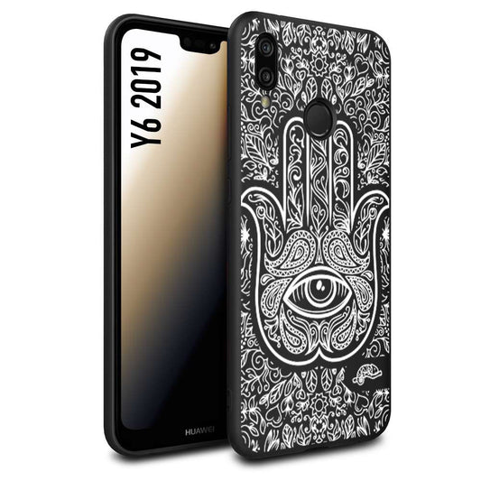 CUSTOMIZZA - Custodia cover nera morbida in tpu compatibile per Huawei Y6 2019 mano di fatima effetto rilievo mandala donna