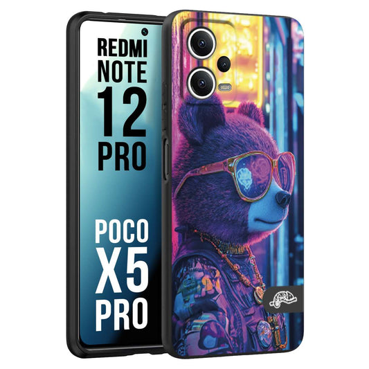 CUSTOMIZZA - Custodia cover nera morbida in tpu compatibile per Xiaomi Redmi Note 12 PRO - POCO X5 PRO animali cyberpunk orsetto orso street bear fucsia blu night