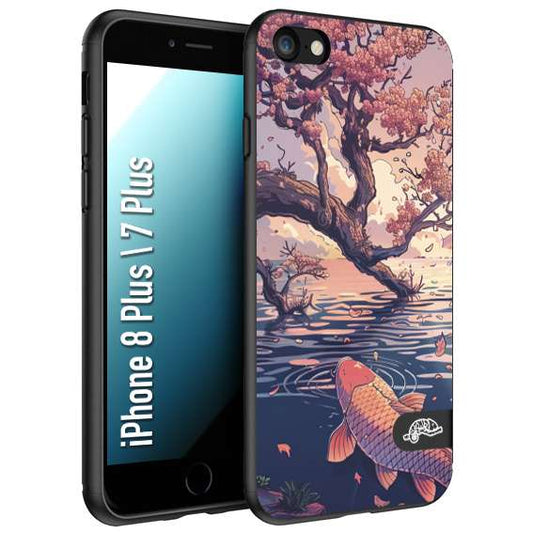CUSTOMIZZA - Custodia cover nera morbida in tpu compatibile per iPhone 7 Plus - 8 plus giapponese lago carpa koi rosa con foglie d'acero disegnata tattoo