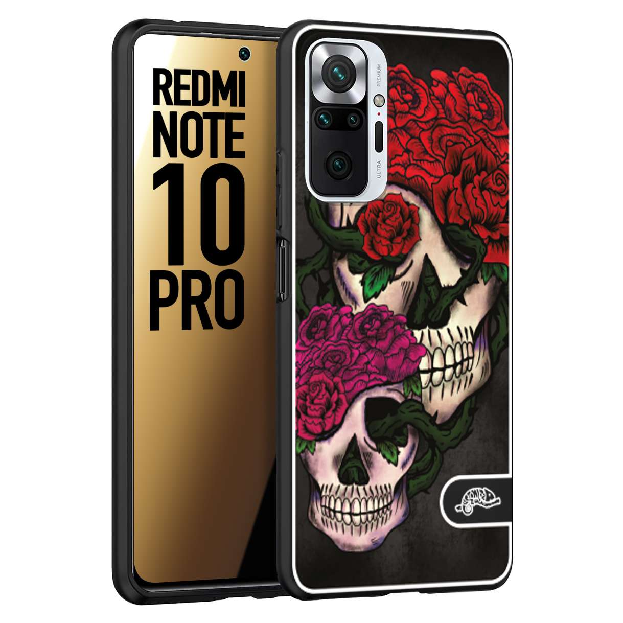 CUSTOMIZZA - Custodia cover nera morbida in tpu compatibile per Xiaomi Redmi Note 10 PRO teschi e rose rosse fucsia skull and roses