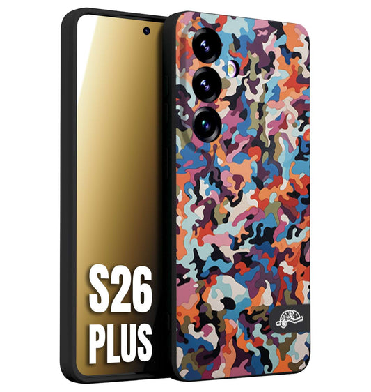 CUSTOMIZZA - Custodia cover nera morbida in tpu compatibile per Samsung S26 PLUS camouflage mimetico militare moderno blu arancio rosa