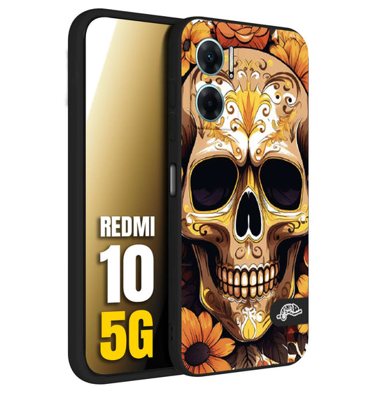 CUSTOMIZZA - Custodia cover nera morbida in tpu compatibile per Xiaomi Redmi 10 5G teschio messicano colorato dorato fiori tattoo disegnato