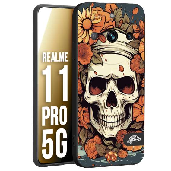 CUSTOMIZZA - Custodia cover nera morbida in tpu compatibile per Realme 11 PRO 5G teschio skull flowers fiori tattoo disegnato alta definizione