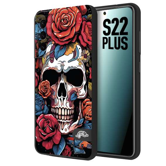 CUSTOMIZZA - Custodia cover nera morbida in tpu compatibile per Samsung S22 PLUS teschio skull flowers fiori rose rosse tattoo disegnato