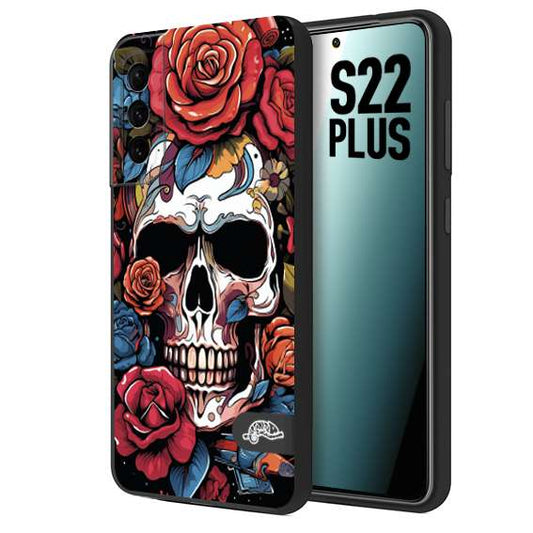 CUSTOMIZZA - Custodia cover nera morbida in tpu compatibile per Samsung S22 PLUS teschio skull flowers fiori rose rosse tattoo disegnato