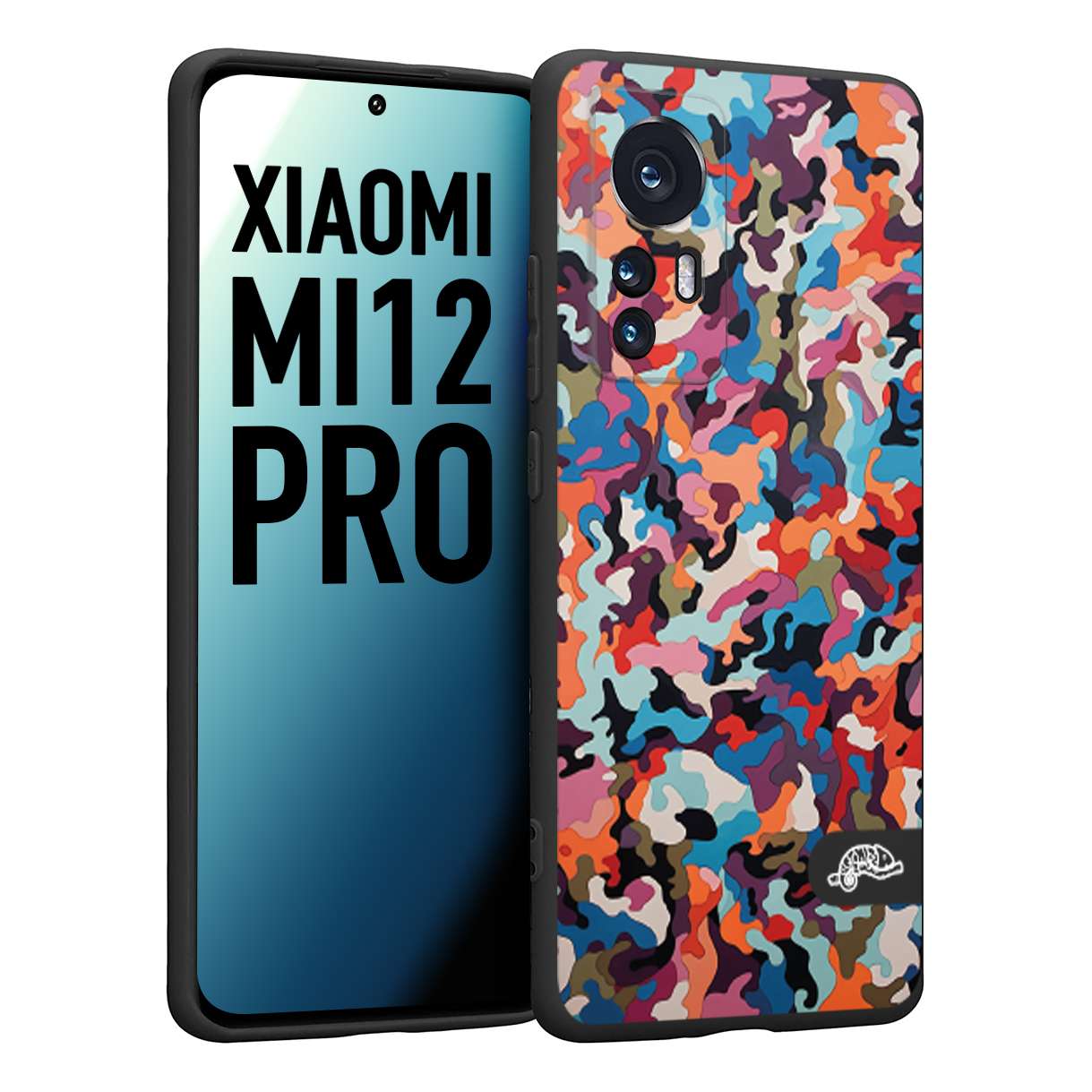 CUSTOMIZZA - Custodia cover nera morbida in tpu compatibile per Xiaomi 12 PRO camouflage mimetico militare moderno blu arancio rosa