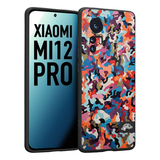 CUSTOMIZZA - Custodia cover nera morbida in tpu compatibile per Xiaomi 12 PRO camouflage mimetico militare moderno blu arancio rosa