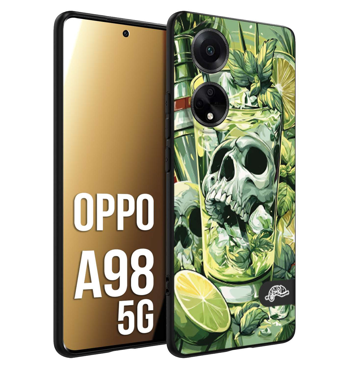 CUSTOMIZZA - Custodia cover nera morbida in tpu compatibile per Oppo A98 5G Mojito cocktail teschio illustrazione drink lime menta ghiacci tropicale street art